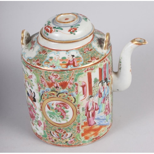 99 - A famille rose teapot, decorated figures, flowers and birds with matched lid, 7