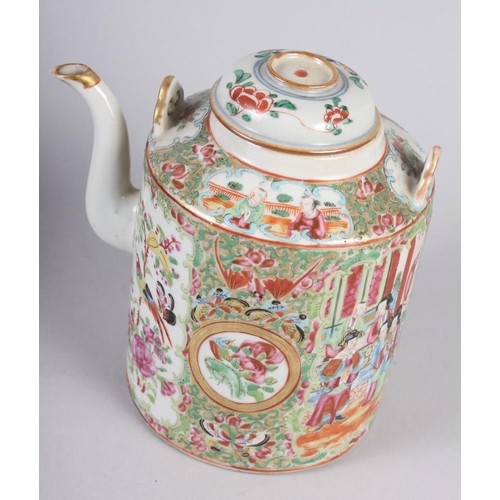 99 - A famille rose teapot, decorated figures, flowers and birds with matched lid, 7