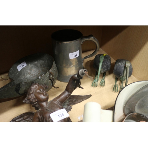 136 - A spelter figure of an angel, a copper saucepan, copper measures, a pair of Ibis models, pewter and ... 