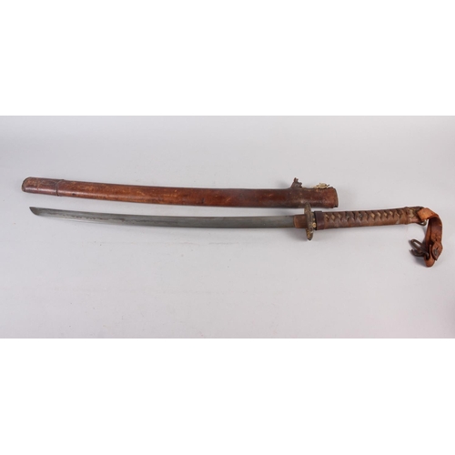 151 - A Japanese WWII military issue Katana with brown leather scabbard, the blade signed under handle gri... 