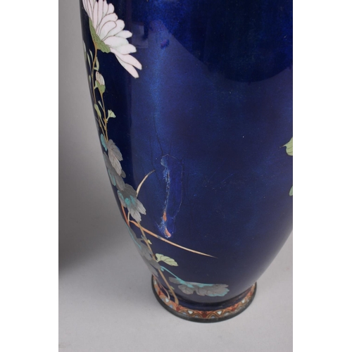 207 - A pair of cloisonne table lamps, decorated flowers and birds on a dark blue ground, 14 1/2