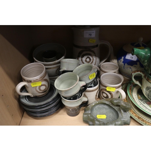 70 - A studio pottery coffee set, a Mavis McDonald trio and two jugs, an Adam breakfast cup and saucer an... 