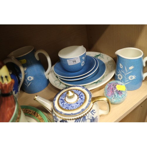 70 - A studio pottery coffee set, a Mavis McDonald trio and two jugs, an Adam breakfast cup and saucer an... 