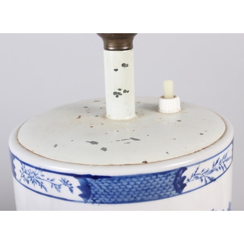 98 - A Chinese blue and white porcelain ginger jar, now converted to a table lamp, a similar cylinder vas... 