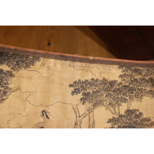 103 - A Chinese scroll of storks in a panoramic landscape of trees and rocks, 178 3/4