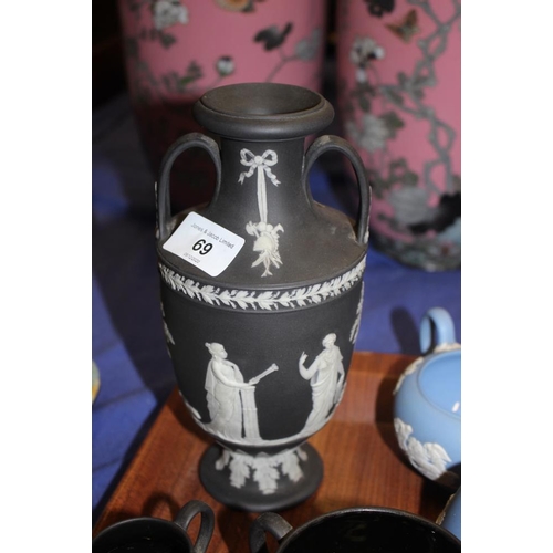 69 - A Wedgwood black jasperware two-handled vase, 8