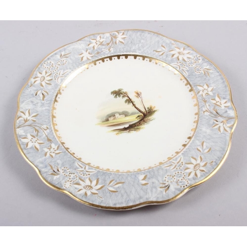 1 - A Rockingham porcelain part dessert service, comprising six plates and two dessert dishes with grey ... 