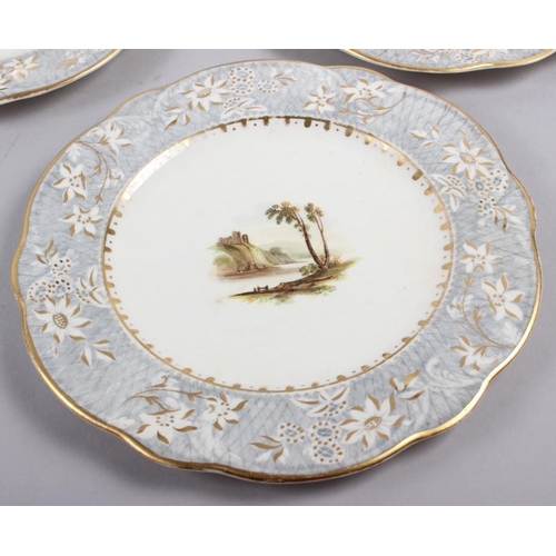 1 - A Rockingham porcelain part dessert service, comprising six plates and two dessert dishes with grey ... 