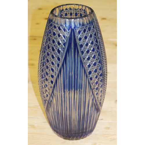 29 - A 1950s blue overlaid cut and engraved glass vase with orthodox Madonna figure, 14 1/2