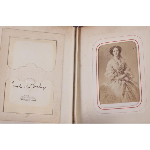 196 - A Victorian carte de visite album, containing approximately thirty photographs of nobility, etc