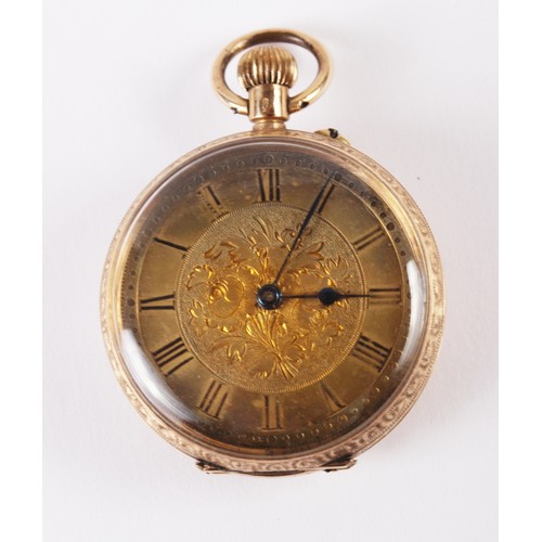 294 - A yellow metal cased lady's open faced fob watch with gilt dial and Roman numerals, 29.4g gross