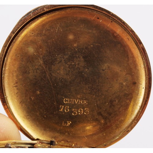 294 - A yellow metal cased lady's open faced fob watch with gilt dial and Roman numerals, 29.4g gross