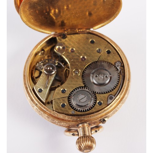 294 - A yellow metal cased lady's open faced fob watch with gilt dial and Roman numerals, 29.4g gross