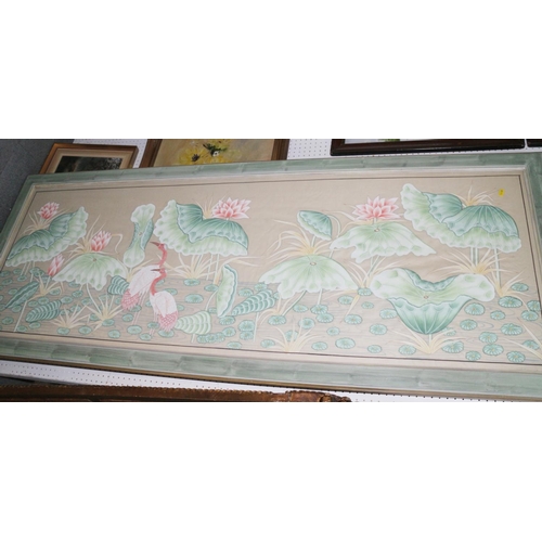 345 - A pair of Chinese bodycolours on silk, lotus buds and birds, 23