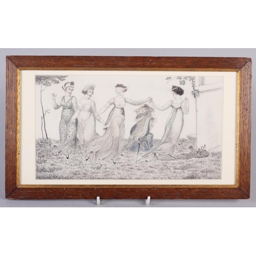 350 - G Charriere: an early 19th century pencil sketch of girls dancing, 6