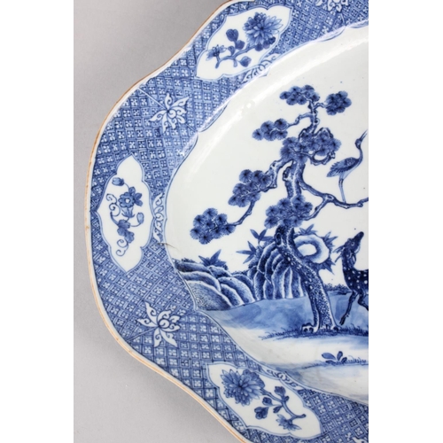 104 - An 18th century Chinese blue and white octagonal porcelain meat plate, decorated fallow deer pattern... 