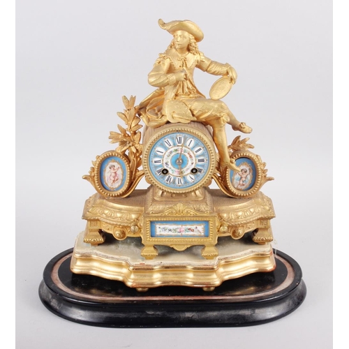 111 - A late 19th century French gilt mantel clock with Van Dyck figure surmount and Sevres porcelain pane... 