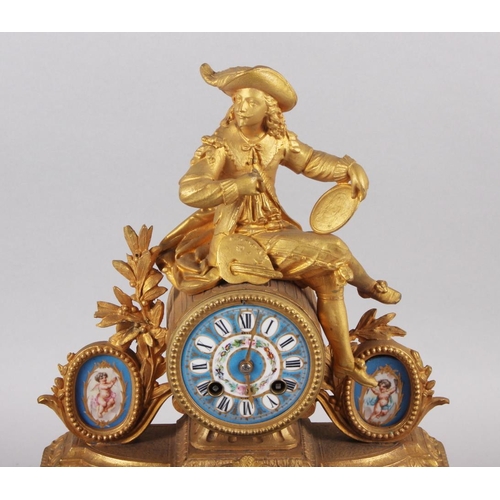 111 - A late 19th century French gilt mantel clock with Van Dyck figure surmount and Sevres porcelain pane... 