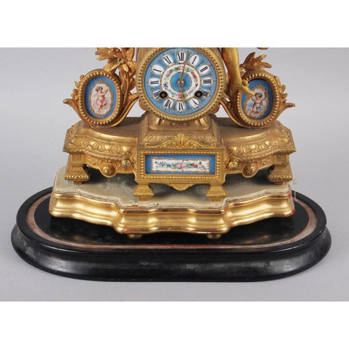 111 - A late 19th century French gilt mantel clock with Van Dyck figure surmount and Sevres porcelain pane... 