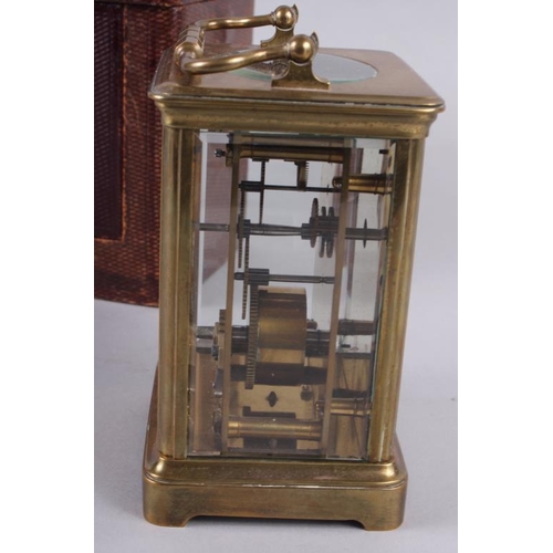 113 - A French five-glass carriage clock with white enamel dial and Roman numerals, retailed by Howell & J... 