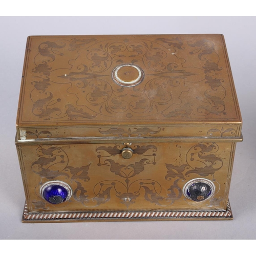 120 - A brass jewellery box with etched decoration and inset enamelled cabochons, 4 1/2