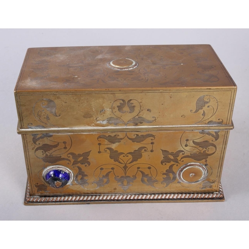 120 - A brass jewellery box with etched decoration and inset enamelled cabochons, 4 1/2