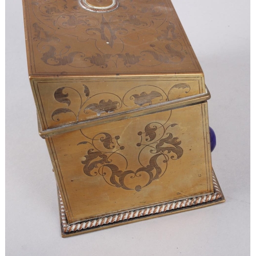 120 - A brass jewellery box with etched decoration and inset enamelled cabochons, 4 1/2