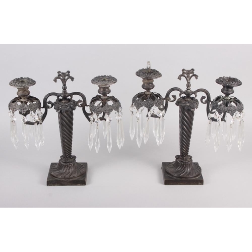 124 - A pair of early 19th century bronze table lustre candelabra with twisted column, on square base, 11 ... 