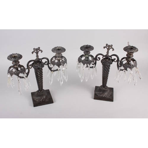 124 - A pair of early 19th century bronze table lustre candelabra with twisted column, on square base, 11 ... 