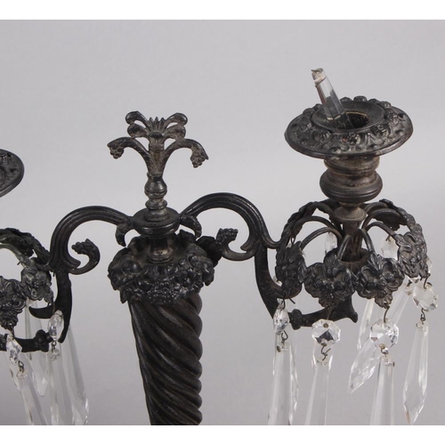 124 - A pair of early 19th century bronze table lustre candelabra with twisted column, on square base, 11 ... 