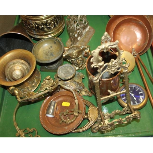 133 - An assortment of metalware, including a pair of door knockers, a gong, a gilt metal clock, 12