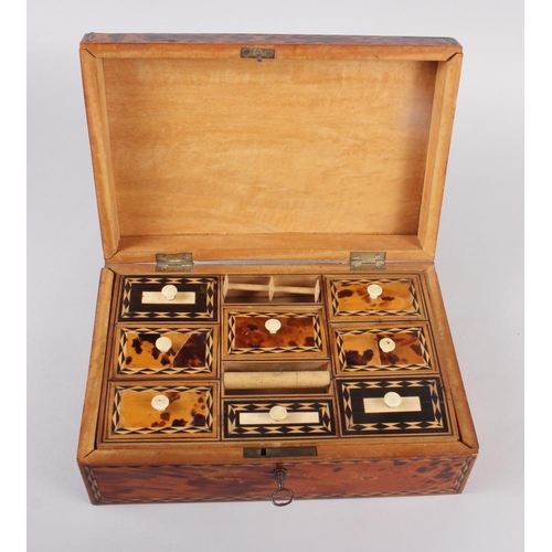 147 - A tortoiseshell and marquetry decorated two-section workbox, 11 3/4