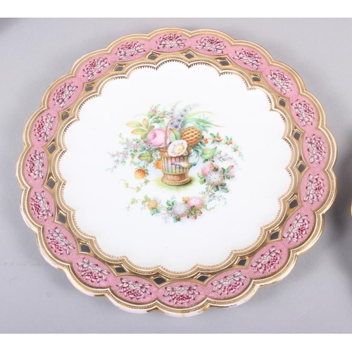 16 - Six 19th century bone china plates, decorated with baskets of flowers and fruit with pink and gilt b... 