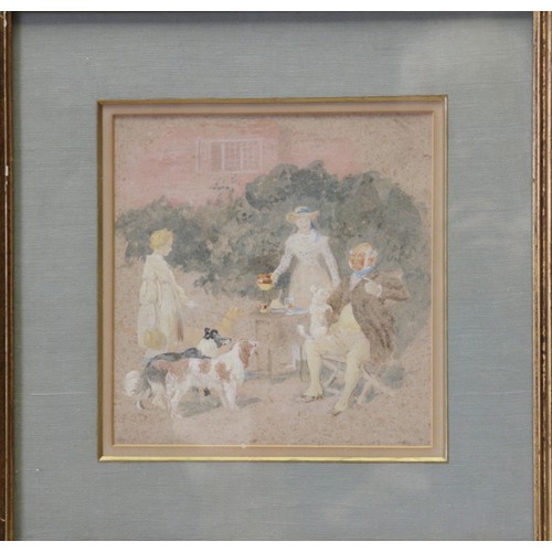 346 - Two late 19th century watercolour sketches, shepherd and sheep and family at tea, 6 1/2