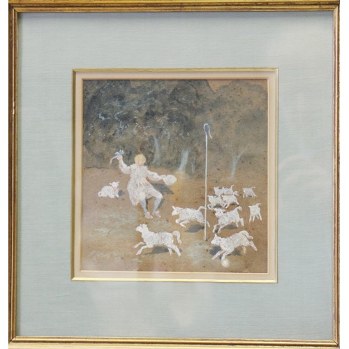 346 - Two late 19th century watercolour sketches, shepherd and sheep and family at tea, 6 1/2