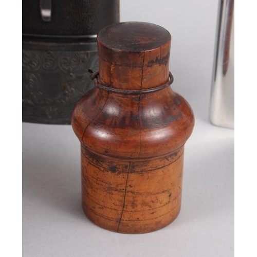 181 - Six horn beakers, a boxwood cased ink bottle, 3 1/2