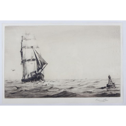 327 - Bernard Carr: a signed etching, square-rigger and buoy, in ebonised strip frame