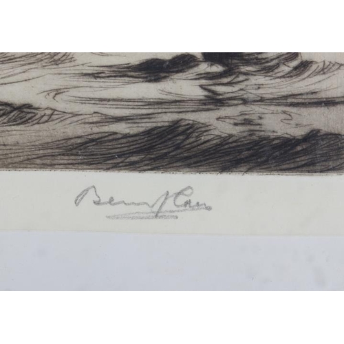 327 - Bernard Carr: a signed etching, square-rigger and buoy, in ebonised strip frame