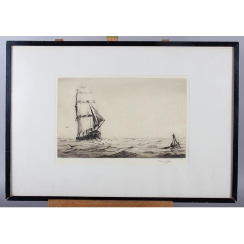 327 - Bernard Carr: a signed etching, square-rigger and buoy, in ebonised strip frame