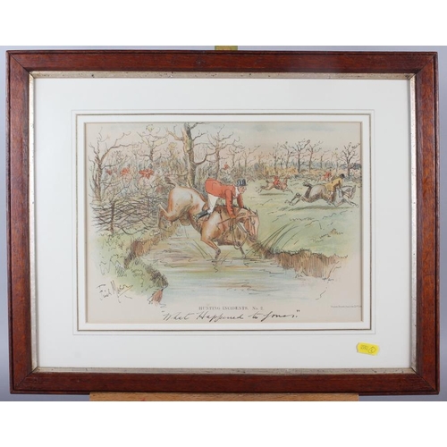 329 - Finch Mason: four late 19th century colour prints, hunting incidents, in oak strip frame