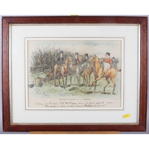 329 - Finch Mason: four late 19th century colour prints, hunting incidents, in oak strip frame