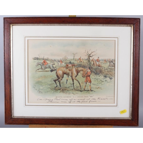 329 - Finch Mason: four late 19th century colour prints, hunting incidents, in oak strip frame