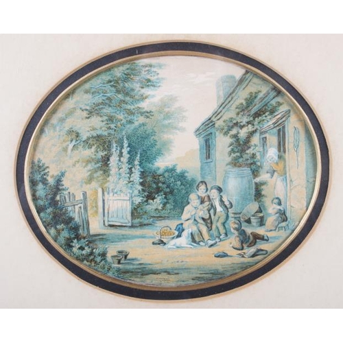 335 - A pair of Le Blond prints, children by a riverside and children playing outside a house, in oval mou... 