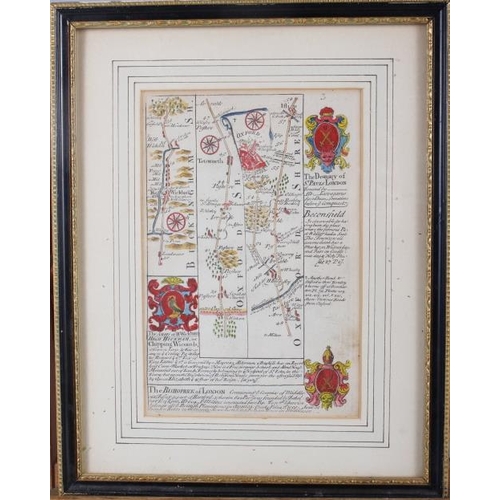 340 - Three early 18th century strip maps after Ogilby, in ebonised strip frames, roads around Farringdon,... 