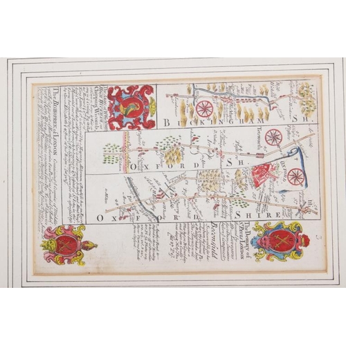 340 - Three early 18th century strip maps after Ogilby, in ebonised strip frames, roads around Farringdon,... 