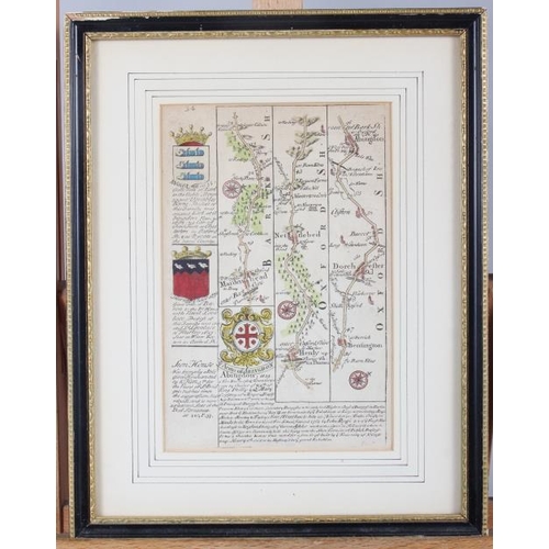 340 - Three early 18th century strip maps after Ogilby, in ebonised strip frames, roads around Farringdon,... 