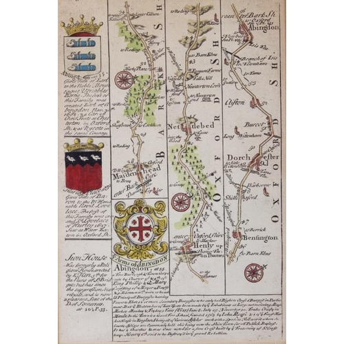 340 - Three early 18th century strip maps after Ogilby, in ebonised strip frames, roads around Farringdon,... 