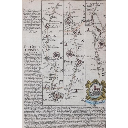 340 - Three early 18th century strip maps after Ogilby, in ebonised strip frames, roads around Farringdon,... 