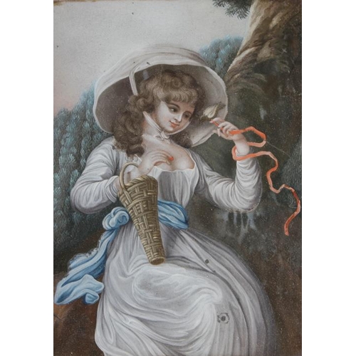 359 - A late 18th century bodycolour on glass portrait of an unknown woman with basket, 9 1/4