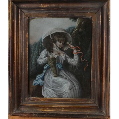 359 - A late 18th century bodycolour on glass portrait of an unknown woman with basket, 9 1/4